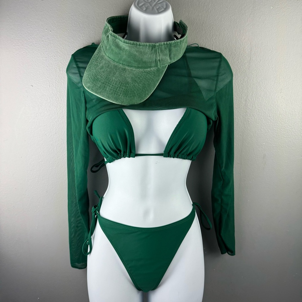 Cheeky 3 Pc Green Swimsuit Bikini with Matching Visor - Size Large